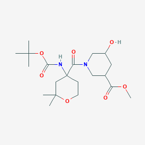 molecular formula C20H34N2O7 B7432180 Methyl 1-[2,2-dimethyl-4-[(2-methylpropan-2-yl)oxycarbonylamino]oxane-4-carbonyl]-5-hydroxypiperidine-3-carboxylate 