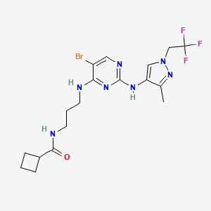 molecular formula C18H23BrF3N7O B7432259 N-[3-[[5-bromo-2-[[3-methyl-1-(2,2,2-trifluoroethyl)pyrazol-4-yl]amino]pyrimidin-4-yl]amino]propyl]cyclobutanecarboxamide 