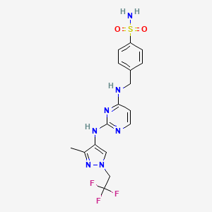molecular formula C17H18F3N7O2S B7432263 4-[[[2-[[3-Methyl-1-(2,2,2-trifluoroethyl)pyrazol-4-yl]amino]pyrimidin-4-yl]amino]methyl]benzenesulfonamide 