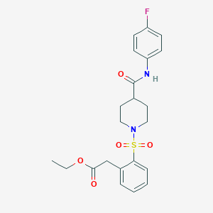 molecular formula C22H25FN2O5S B7432462 Ethyl 2-[2-[4-[(4-fluorophenyl)carbamoyl]piperidin-1-yl]sulfonylphenyl]acetate 