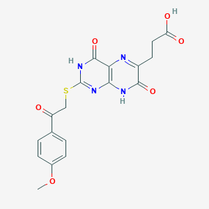 molecular formula C18H16N4O6S B7432601 3-[2-[2-(4-Methoxyphenyl)-2-oxoethyl]sulfanyl-4,7-dioxo-3,8-dihydropteridin-6-yl]propanoic acid 