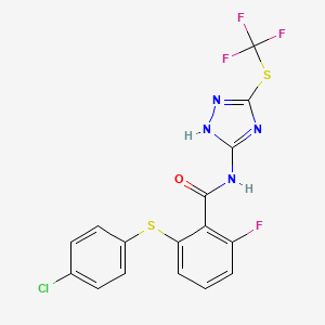 molecular formula C16H9ClF4N4OS2 B7432859 2-(4-chlorophenyl)sulfanyl-6-fluoro-N-[3-(trifluoromethylsulfanyl)-1H-1,2,4-triazol-5-yl]benzamide 