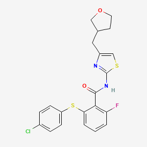 molecular formula C21H18ClFN2O2S2 B7432892 2-(4-chlorophenyl)sulfanyl-6-fluoro-N-[4-(oxolan-3-ylmethyl)-1,3-thiazol-2-yl]benzamide 