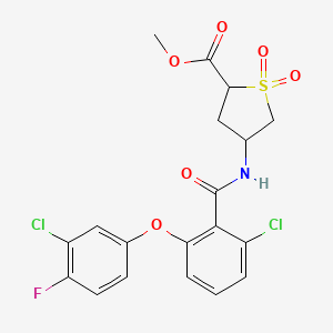 molecular formula C19H16Cl2FNO6S B7432909 Methyl 4-[[2-chloro-6-(3-chloro-4-fluorophenoxy)benzoyl]amino]-1,1-dioxothiolane-2-carboxylate 