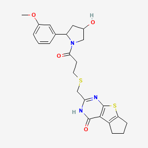 molecular formula C24H27N3O4S2 B7433049 10-[[3-[4-Hydroxy-2-(3-methoxyphenyl)pyrrolidin-1-yl]-3-oxopropyl]sulfanylmethyl]-7-thia-9,11-diazatricyclo[6.4.0.02,6]dodeca-1(8),2(6),9-trien-12-one 