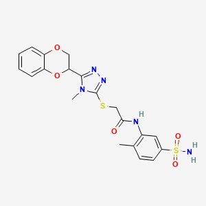 molecular formula C20H21N5O5S2 B7433094 2-[[5-(2,3-dihydro-1,4-benzodioxin-3-yl)-4-methyl-1,2,4-triazol-3-yl]sulfanyl]-N-(2-methyl-5-sulfamoylphenyl)acetamide 