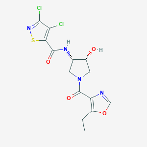 molecular formula C14H14Cl2N4O4S B7433164 3,4-dichloro-N-[(3S,4R)-1-(5-ethyl-1,3-oxazole-4-carbonyl)-4-hydroxypyrrolidin-3-yl]-1,2-thiazole-5-carboxamide 