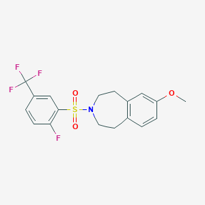 molecular formula C18H17F4NO3S B7433436 3-[2-Fluoro-5-(trifluoromethyl)phenyl]sulfonyl-7-methoxy-1,2,4,5-tetrahydro-3-benzazepine 