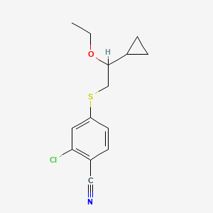 molecular formula C14H16ClNOS B7433473 2-Chloro-4-(2-cyclopropyl-2-ethoxyethyl)sulfanylbenzonitrile 