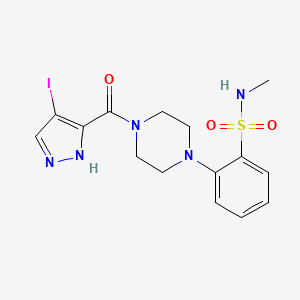 molecular formula C15H18IN5O3S B7433506 2-[4-(4-iodo-1H-pyrazole-5-carbonyl)piperazin-1-yl]-N-methylbenzenesulfonamide 