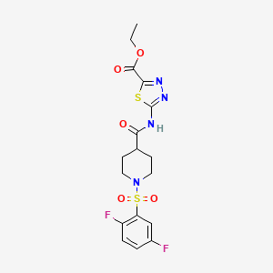 molecular formula C17H18F2N4O5S2 B7433510 Ethyl 5-[[1-(2,5-difluorophenyl)sulfonylpiperidine-4-carbonyl]amino]-1,3,4-thiadiazole-2-carboxylate 