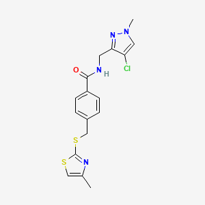 molecular formula C17H17ClN4OS2 B7433626 N-[(4-chloro-1-methylpyrazol-3-yl)methyl]-4-[(4-methyl-1,3-thiazol-2-yl)sulfanylmethyl]benzamide 