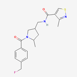 molecular formula C19H22FN3O2S B7433698 N-[[1-[4-(fluoromethyl)benzoyl]-5-methylpyrrolidin-3-yl]methyl]-3-methyl-1,2-thiazole-4-carboxamide 