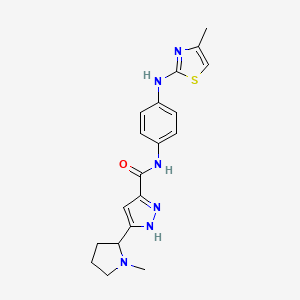 molecular formula C19H22N6OS B7433814 5-(1-methylpyrrolidin-2-yl)-N-[4-[(4-methyl-1,3-thiazol-2-yl)amino]phenyl]-1H-pyrazole-3-carboxamide 