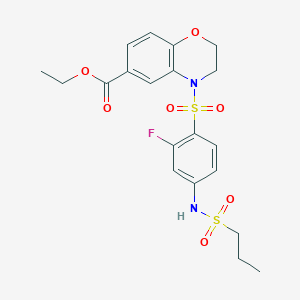 molecular formula C20H23FN2O7S2 B7434180 Ethyl 4-[2-fluoro-4-(propylsulfonylamino)phenyl]sulfonyl-2,3-dihydro-1,4-benzoxazine-6-carboxylate 
