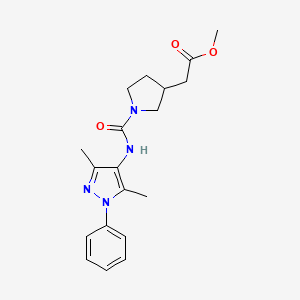 molecular formula C19H24N4O3 B7435125 Methyl 2-[1-[(3,5-dimethyl-1-phenylpyrazol-4-yl)carbamoyl]pyrrolidin-3-yl]acetate 