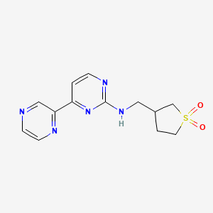 molecular formula C13H15N5O2S B7435215 N-[(1,1-dioxothiolan-3-yl)methyl]-4-pyrazin-2-ylpyrimidin-2-amine 