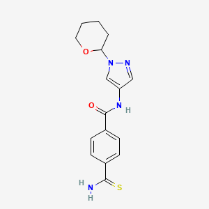 molecular formula C16H18N4O2S B7435858 4-carbamothioyl-N-[1-(oxan-2-yl)pyrazol-4-yl]benzamide 