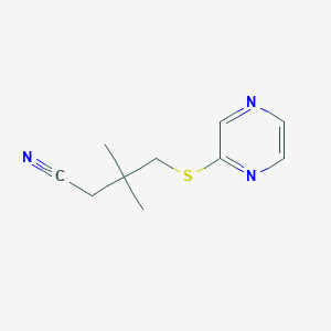 molecular formula C10H13N3S B7435916 3,3-Dimethyl-4-pyrazin-2-ylsulfanylbutanenitrile 