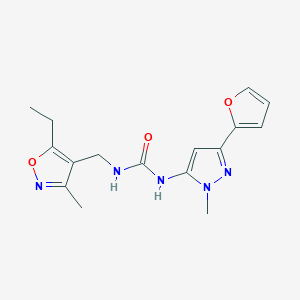 molecular formula C16H19N5O3 B7435982 1-[(5-Ethyl-3-methyl-1,2-oxazol-4-yl)methyl]-3-[5-(furan-2-yl)-2-methylpyrazol-3-yl]urea 