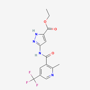 molecular formula C14H13F3N4O3 B7436708 ethyl 3-[[2-methyl-5-(trifluoromethyl)pyridine-3-carbonyl]amino]-1H-pyrazole-5-carboxylate 