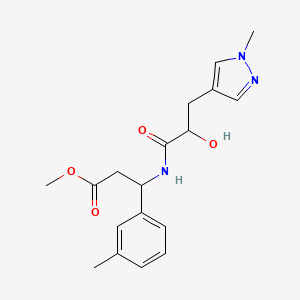 molecular formula C18H23N3O4 B7436859 Methyl 3-[[2-hydroxy-3-(1-methylpyrazol-4-yl)propanoyl]amino]-3-(3-methylphenyl)propanoate 