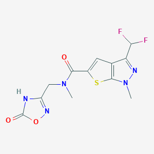 molecular formula C12H11F2N5O3S B7436945 3-(difluoromethyl)-N,1-dimethyl-N-[(5-oxo-4H-1,2,4-oxadiazol-3-yl)methyl]thieno[2,3-c]pyrazole-5-carboxamide 