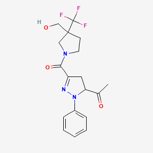 molecular formula C18H20F3N3O3 B7437010 1-[5-[3-(Hydroxymethyl)-3-(trifluoromethyl)pyrrolidine-1-carbonyl]-2-phenyl-3,4-dihydropyrazol-3-yl]ethanone 