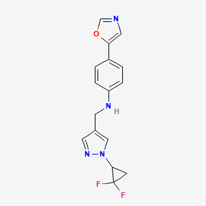 molecular formula C16H14F2N4O B7437220 N-[[1-(2,2-difluorocyclopropyl)pyrazol-4-yl]methyl]-4-(1,3-oxazol-5-yl)aniline 