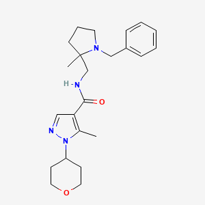 molecular formula C23H32N4O2 B7438155 N-[(1-benzyl-2-methylpyrrolidin-2-yl)methyl]-5-methyl-1-(oxan-4-yl)pyrazole-4-carboxamide 
