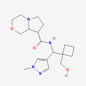 molecular formula C18H28N4O3 B7438573 N-[[1-(hydroxymethyl)cyclobutyl]-(1-methylpyrazol-4-yl)methyl]-3,4,6,7,8,8a-hexahydro-1H-pyrrolo[2,1-c][1,4]oxazine-8-carboxamide 
