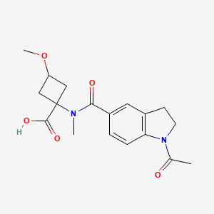 molecular formula C18H22N2O5 B7438725 1-[(1-Acetyl-2,3-dihydroindole-5-carbonyl)-methylamino]-3-methoxycyclobutane-1-carboxylic acid 
