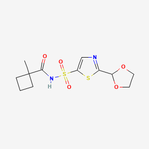 molecular formula C12H16N2O5S2 B7438743 N-[[2-(1,3-dioxolan-2-yl)-1,3-thiazol-5-yl]sulfonyl]-1-methylcyclobutane-1-carboxamide 