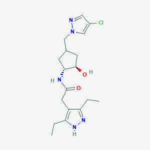 molecular formula C18H26ClN5O2 B7439684 N-[(1R,2R)-4-[(4-chloropyrazol-1-yl)methyl]-2-hydroxycyclopentyl]-2-(3,5-diethyl-1H-pyrazol-4-yl)acetamide 