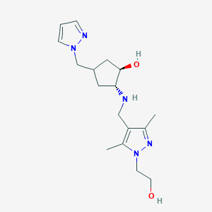molecular formula C17H27N5O2 B7439850 (1R,2R)-2-[[1-(2-hydroxyethyl)-3,5-dimethylpyrazol-4-yl]methylamino]-4-(pyrazol-1-ylmethyl)cyclopentan-1-ol 