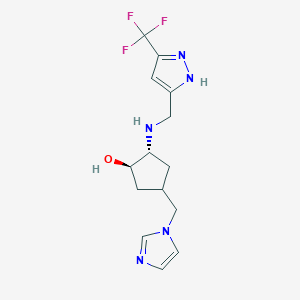 molecular formula C14H18F3N5O B7439855 (1R,2R)-4-(imidazol-1-ylmethyl)-2-[[3-(trifluoromethyl)-1H-pyrazol-5-yl]methylamino]cyclopentan-1-ol 