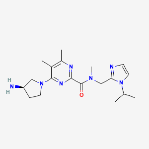 molecular formula C19H29N7O B7440569 4-[(3R)-3-aminopyrrolidin-1-yl]-N,5,6-trimethyl-N-[(1-propan-2-ylimidazol-2-yl)methyl]pyrimidine-2-carboxamide 