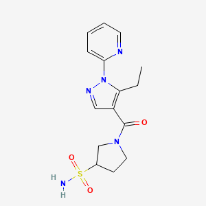 molecular formula C15H19N5O3S B7442595 1-(5-Ethyl-1-pyridin-2-ylpyrazole-4-carbonyl)pyrrolidine-3-sulfonamide 