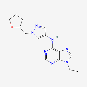 molecular formula C15H19N7O B7446276 9-ethyl-N-[1-(oxolan-2-ylmethyl)pyrazol-4-yl]purin-6-amine 