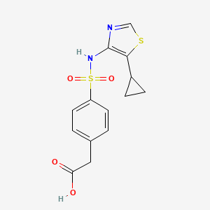 molecular formula C14H14N2O4S2 B7448788 2-[4-[(5-Cyclopropyl-1,3-thiazol-4-yl)sulfamoyl]phenyl]acetic acid 