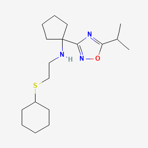 molecular formula C18H31N3OS B7450718 N-(2-cyclohexylsulfanylethyl)-1-(5-propan-2-yl-1,2,4-oxadiazol-3-yl)cyclopentan-1-amine 