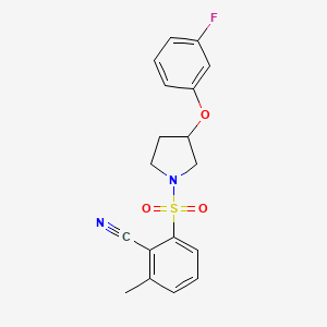 molecular formula C18H17FN2O3S B7451052 2-[3-(3-Fluorophenoxy)pyrrolidin-1-yl]sulfonyl-6-methylbenzonitrile 