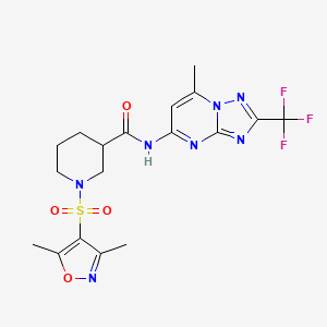 molecular formula C18H20F3N7O4S B7451080 1-[(3,5-dimethyl-1,2-oxazol-4-yl)sulfonyl]-N-[7-methyl-2-(trifluoromethyl)-[1,2,4]triazolo[1,5-a]pyrimidin-5-yl]piperidine-3-carboxamide 