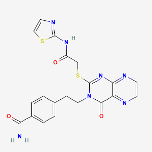 molecular formula C20H17N7O3S2 B7451358 4-(2-(4-Oxo-2-((2-oxo-2-(thiazol-2-ylamino)ethyl)thio)pteridin-3(4H)-yl)ethyl)benzamide 