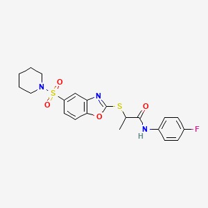 molecular formula C21H22FN3O4S2 B7453524 N-(4-fluorophenyl)-2-[(5-piperidin-1-ylsulfonyl-1,3-benzoxazol-2-yl)sulfanyl]propanamide 