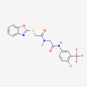 molecular formula C19H15ClF3N3O3S B7453572 2-[[2-(1,3-benzoxazol-2-ylsulfanyl)acetyl]-methylamino]-N-[4-chloro-3-(trifluoromethyl)phenyl]acetamide 