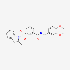 molecular formula C26H26N2O5S B7453603 N-(2,3-dihydro-1,4-benzodioxin-6-ylmethyl)-N-methyl-3-[(2-methyl-2,3-dihydroindol-1-yl)sulfonyl]benzamide 