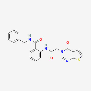 molecular formula C22H18N4O3S B7453685 N-benzyl-2-[[2-(4-oxothieno[2,3-d]pyrimidin-3-yl)acetyl]amino]benzamide 