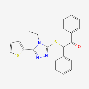 molecular formula C22H19N3OS2 B7453745 2-[(4-Ethyl-5-thiophen-2-yl-1,2,4-triazol-3-yl)sulfanyl]-1,2-diphenylethanone 
