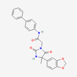molecular formula C25H21N3O5 B7453752 2-[4-(1,3-benzodioxol-5-yl)-4-methyl-2,5-dioxoimidazolidin-1-yl]-N-(4-phenylphenyl)acetamide 